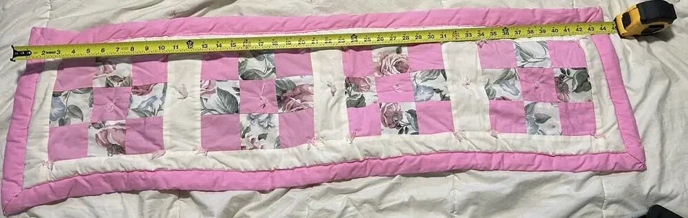 VTG Handmade Pink Floral Patchwork Dresser Scarf, Table Runner Quilt 13.5” x 44”
